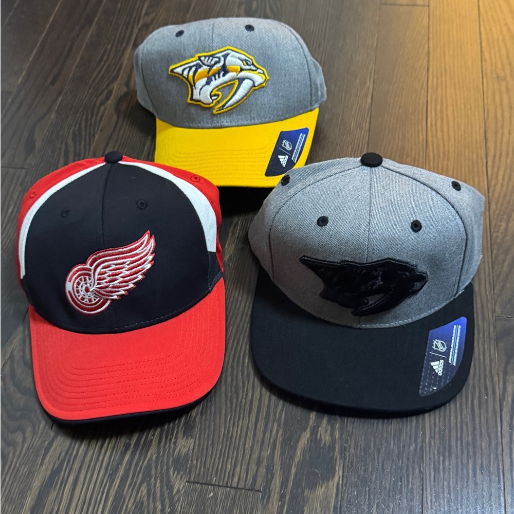 3 NHL Snapback Hats Bundle - Predators, Red Wings, Panthers
